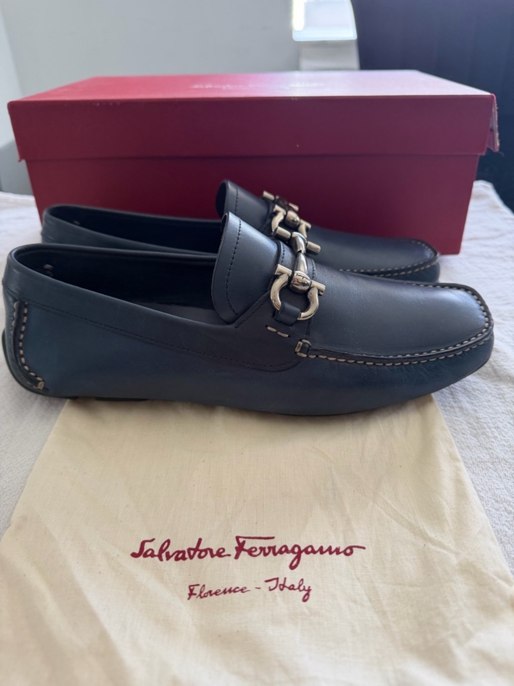 Salvatore Ferragamo Navy Leather Bit-Detail Loafers - Picture 4 of 8